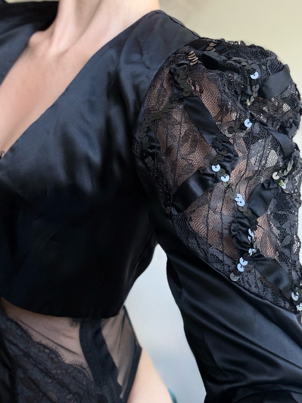 80 Vintage Black Satin Bolero Small Lace Sequin Power Shoulders Cropped Jacket